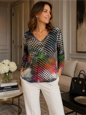 SNO SKINS Abstract Dot Print V-Neck 3/4 Sleeve Top Medium USA Made Retail $148